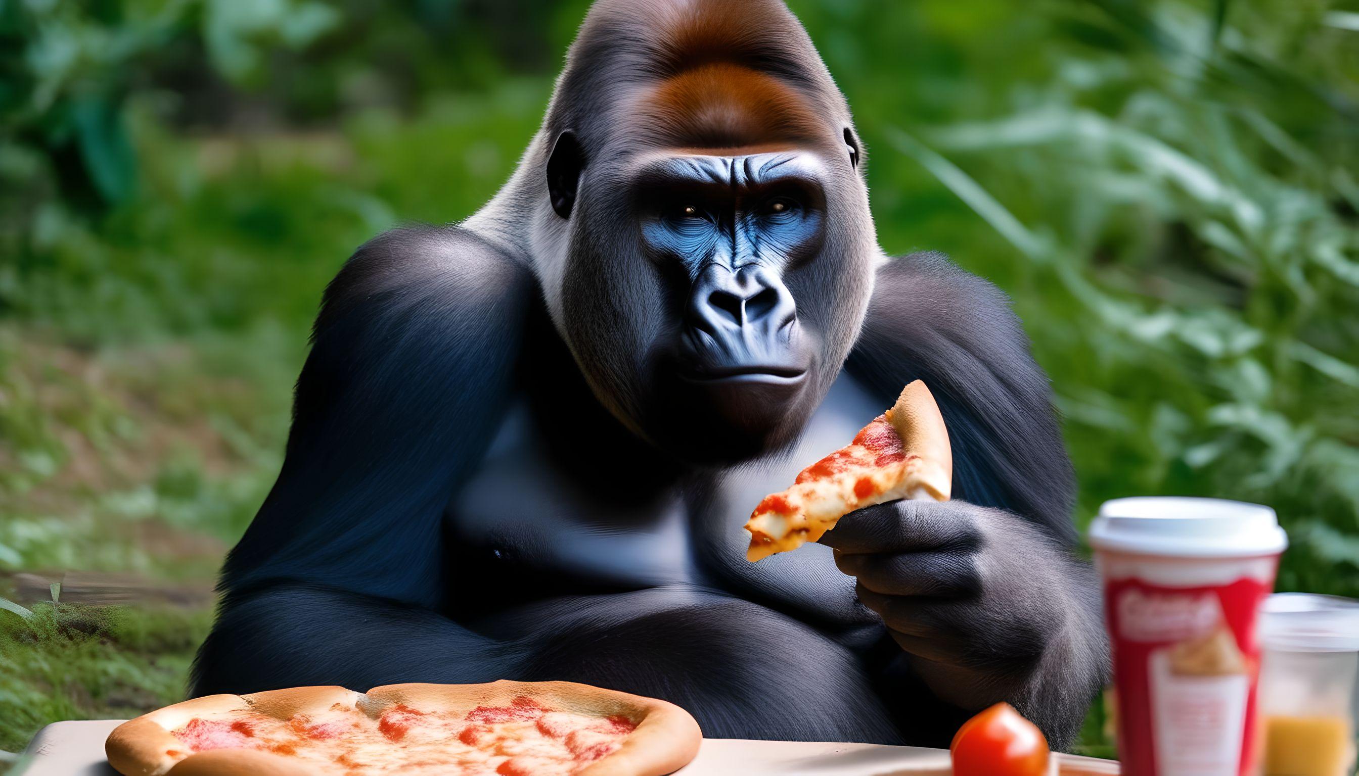 Gorilla eating pizza