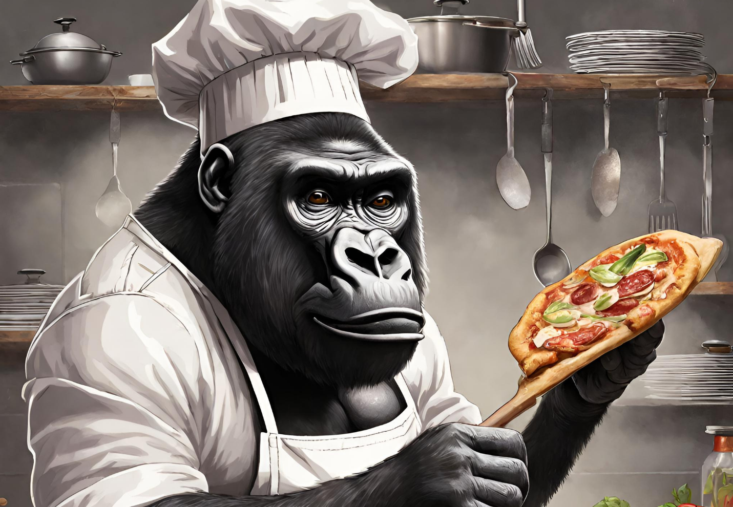 Gorilla eating pizza